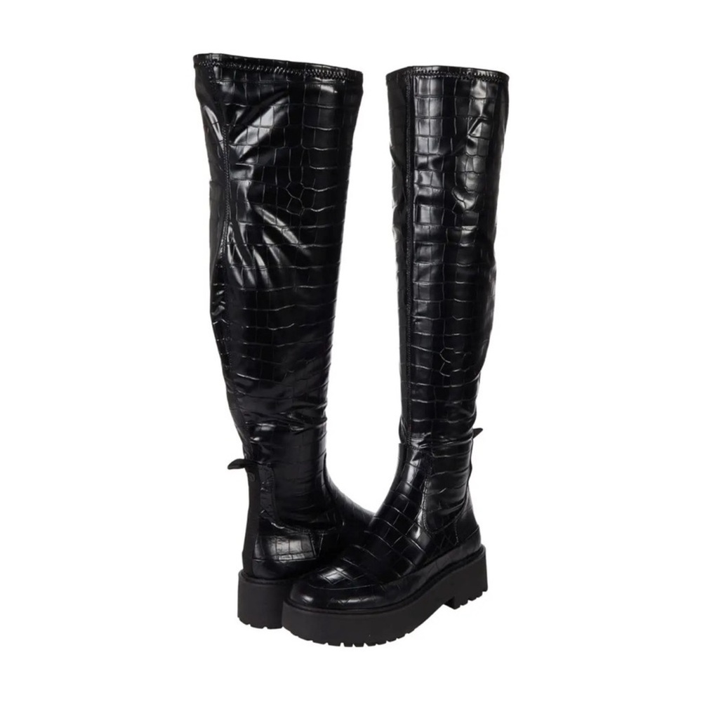 Black Croc-Embossed Over-the-Knee Boots